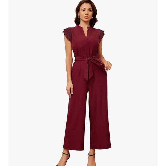 Women Ruffle Butterfly Cap Sleeve Wrap V Neck Romper Belted Wide Leg Jumpsuit XS - Picture 1 of 1